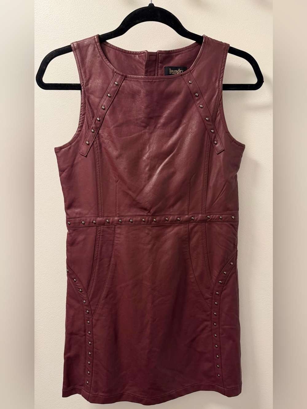 Laundry By Shelli Segal Burgundy Faux Leather Mini Dress Stud Trim Junior 16